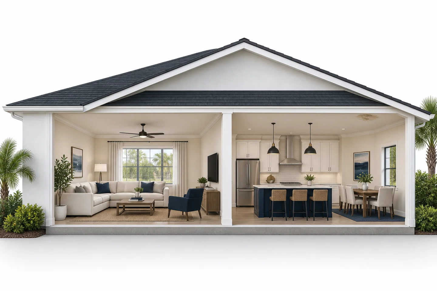 Architectural cutaway illustration showing the ceiling, upper walls, and roof of a simple home